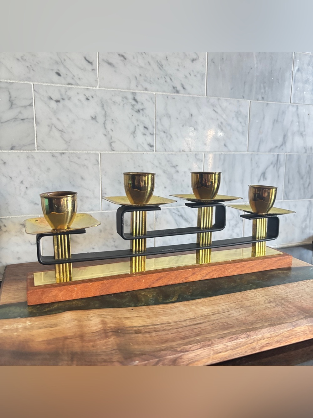Vintage Mid Century Brass and Teak Wood Candelabra Made in Germany